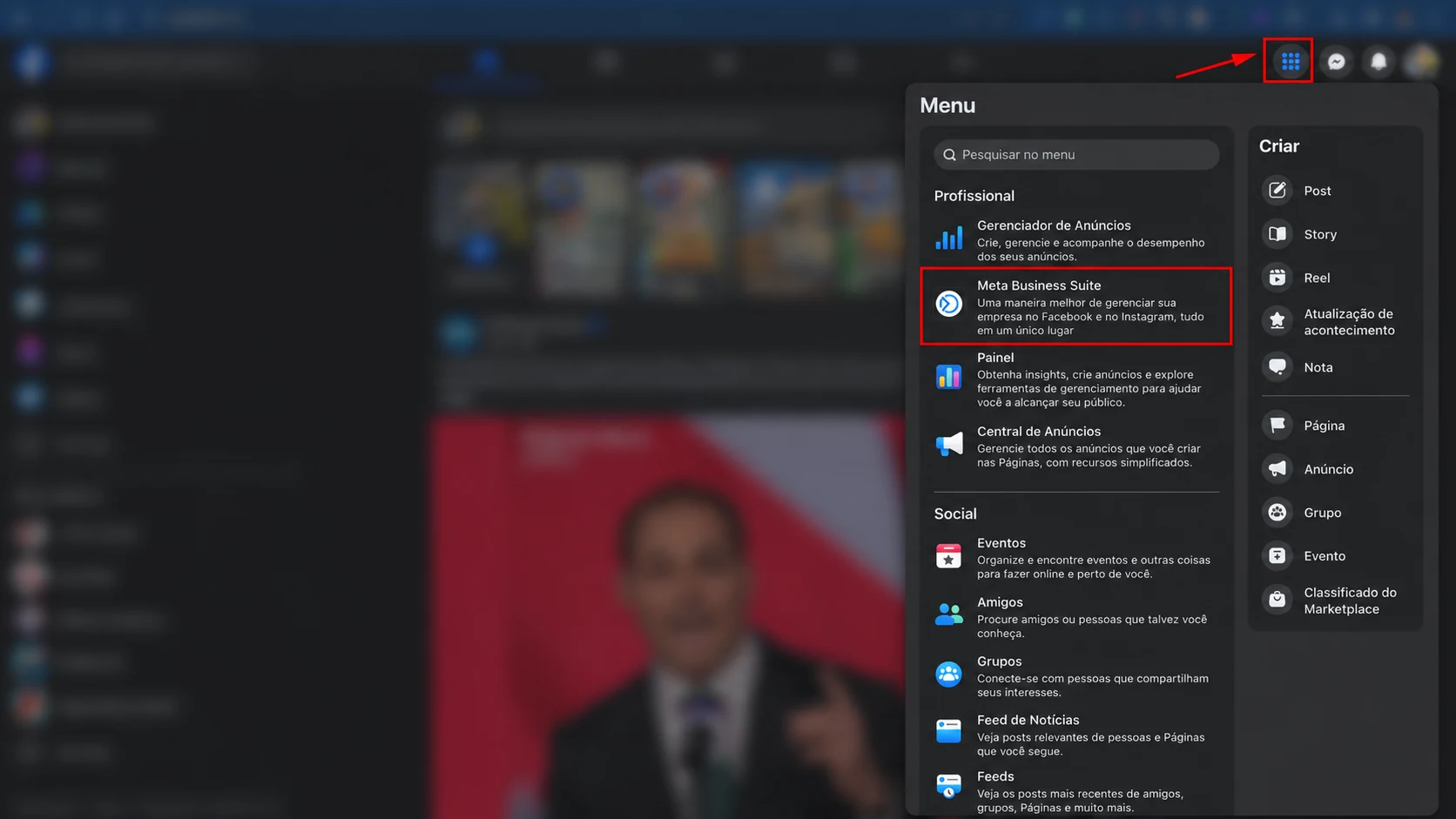 Menu do Facebook aberto no canto superior direito, com o item Meta Business Suite destacado na seção Profissional