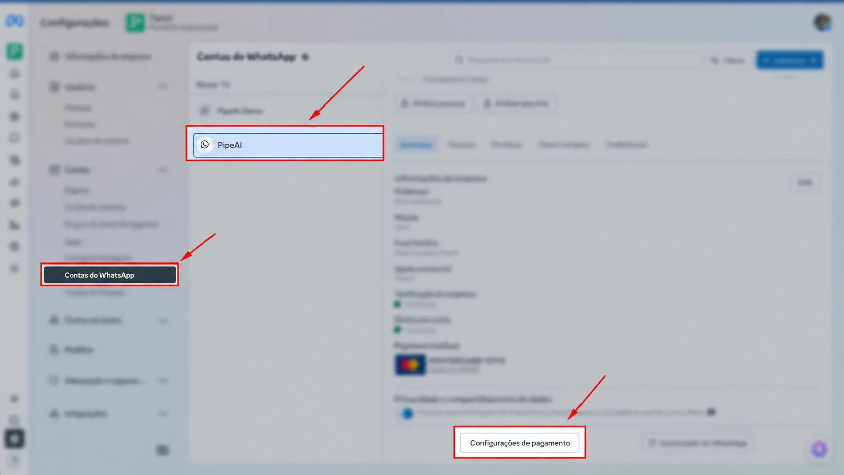 Lista de contas do WhatsApp com uma conta selecionada e o botão Configurações de pagamento destacado no fim da aba