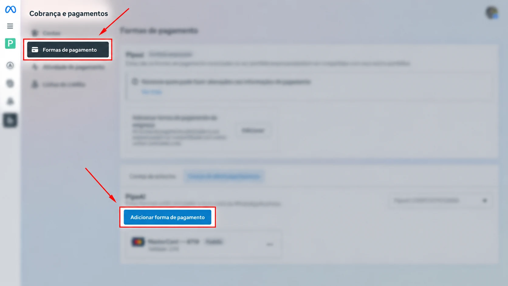 Tela Cobrança e pagamentos com Formas de pagamento no menu lateral e o botão Adicionar forma de pagamento destacado no bloco da conta do WhatsApp