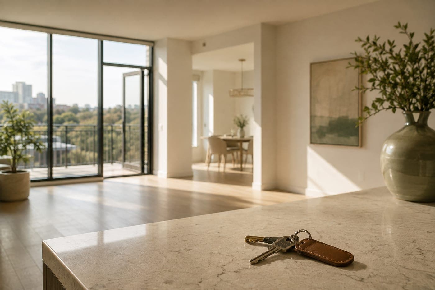 Sala de um apartamento à venda, com as chaves sobre a bancada